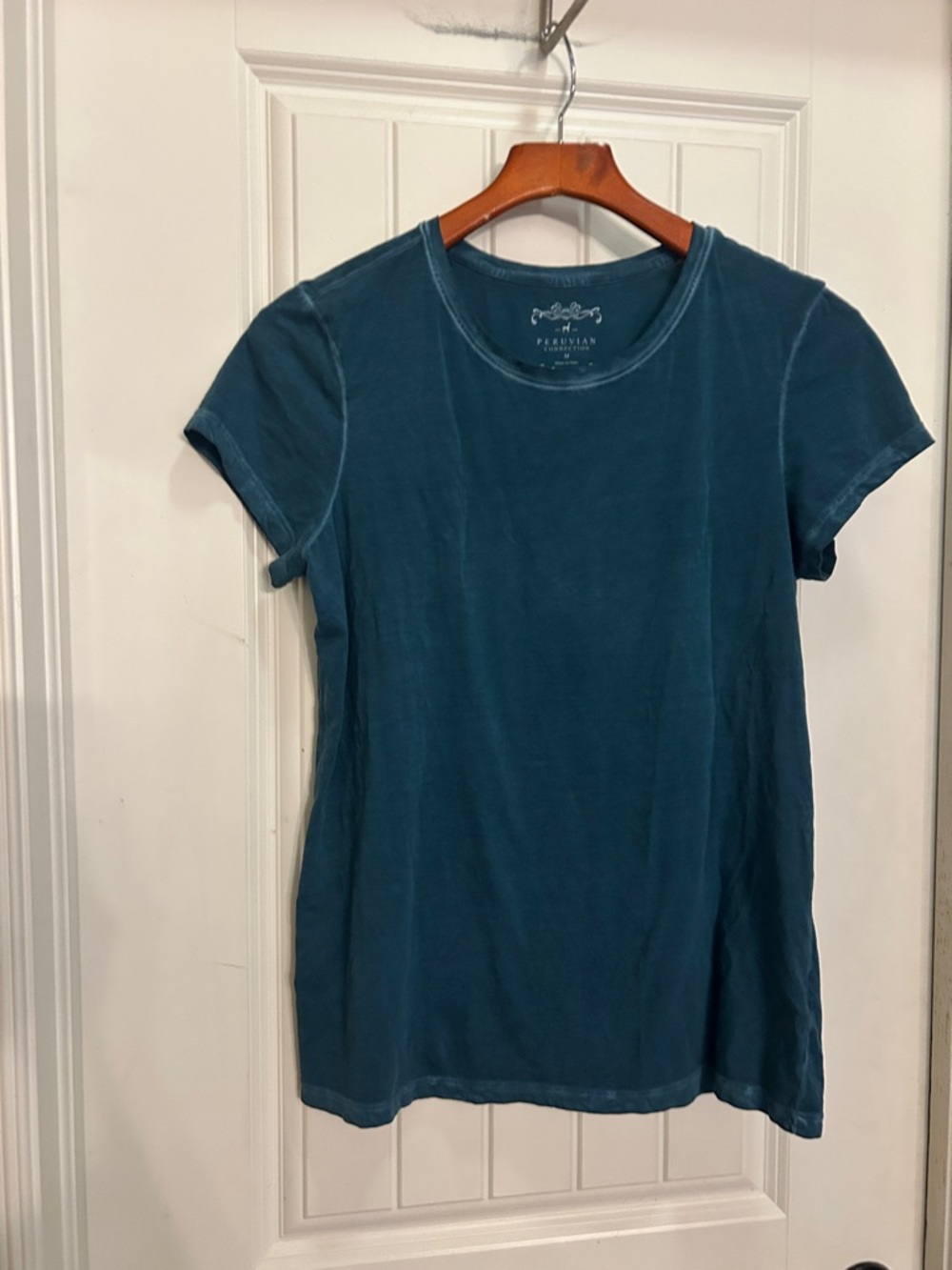 Peruvian Connection M Women's Short Sleeve Tee in Teal Blue